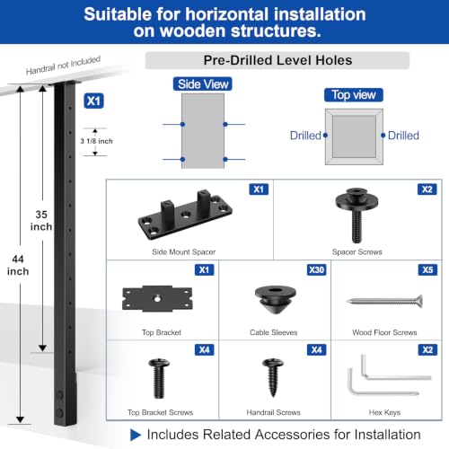 BLIKA 36"Slim Side Mount Cable Railing Post Level Drilled Fascia Mount Post - color: Side Mount Level Post (1PC)