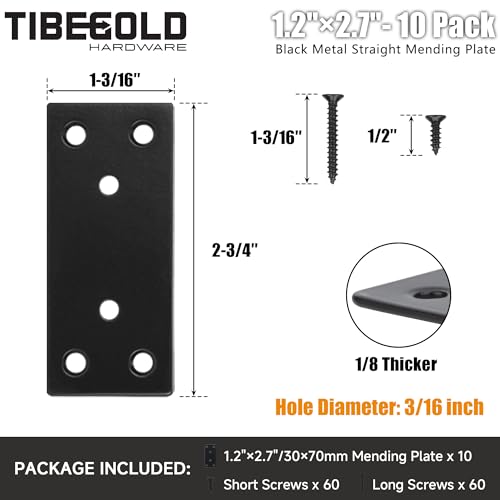Mending Plate, Black Metal Flat Straight Brace Bracket, Double-Wide Metal Plate, Joining Plate for Wood Furniture Fence Fastening with Screws in 2 Different Lengths (30x70mm, 10 Pack) - size: 1.2"×2.7"/30*70mm
