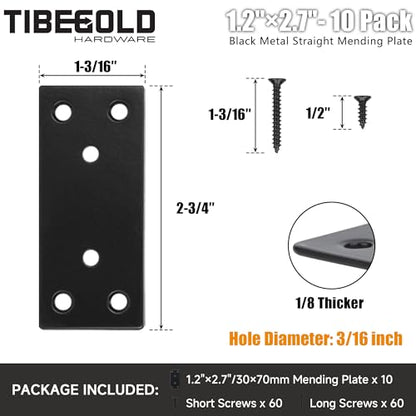 Mending Plate, Black Metal Flat Straight Brace Bracket, Double-Wide Metal Plate, Joining Plate for Wood Furniture Fence Fastening with Screws in 2 Different Lengths (30x70mm, 10 Pack) - size: 1.2"×2.7"/30*70mm