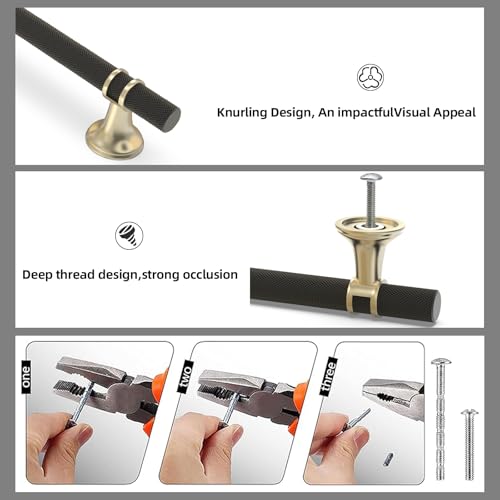 10 Pack 6.3 Inch Black and Gold Kitchen Cabinet Handles - color: Black and Brushed Gold Knurled, size: 6-1/4'' Hole Center(160mm)