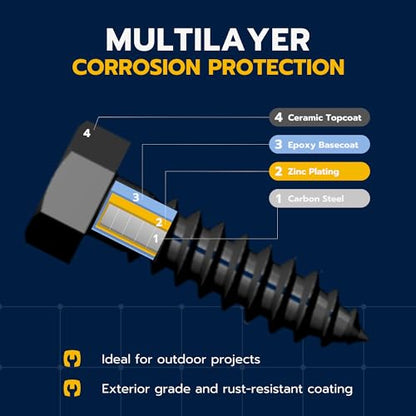 5/16 x 2-1/2 (50 Pack) Lag Screw Kit, 50 Screws and 50 Washers, Ceramic Black Ruspert Coating for Exterior Use, Meets ASTM A307 and ASME B18.2.1, Industrial/Commerical Grade by Makers Bolt - size: 5/16 x 2-1/2