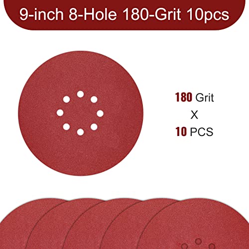 Awutzut 9 inch Sanding Discs 180 Grit 8 Holes Hook and Loop Sandpaper for Drywall Sander 10Pack - style: 180 Grit