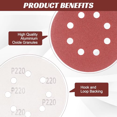 100 PCS 5 Inch Sandpaper 220 Grit, 8 Hole Sanding Disc Hook and Loop Sanding Pads, Round Orbital Sandpaper for Random Orbital Sander - size: 100pcs 5 inch 220 grit sandpaper