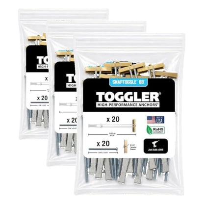 TOGGLER SNAPTOGGLE Drywall Anchor with Included Bolts for 1/4-20 Fastener Size; Holds up to 265 pounds Each in 1/2-in Drywall by TOGGLER (60 Pack) - size: 20 w/ Round Head Bolts (Pack of 3)