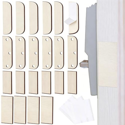 CRASPIRE 24Pcs 4 Styles 3.5 Inch Hinge Repair Wooden Plate Door Hole Cover Plate Wood Cabinet Door Hinges Shim Fillers Covers Blanks Repairs Kit with 48Pcs Double Sided Tapes for Home Kitchen Use