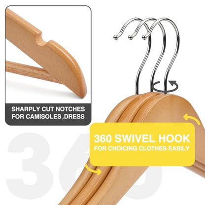 Wooden Hangers 10 Pack,Heavy Duty Wood Coat Hangers,with 360-degree Hook，Smooth Finish Wooden Clothes Hangers with Non Slip Pants Bar, Sturdy Clothes Hangers for Shirts,Suit,Natural - color: Natural