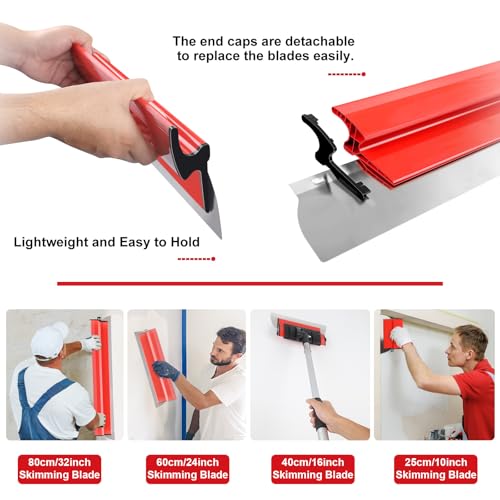suokoun Drywall Skimming Blade Set with Case, 10/16/24/32inch Stainless Steel Skimming Blades, 7/9inch Compound Rollers, 28"-62" Extension Handle, Putty Knives Arc Scraper for Wallboard - size: 10+16+24+32inch