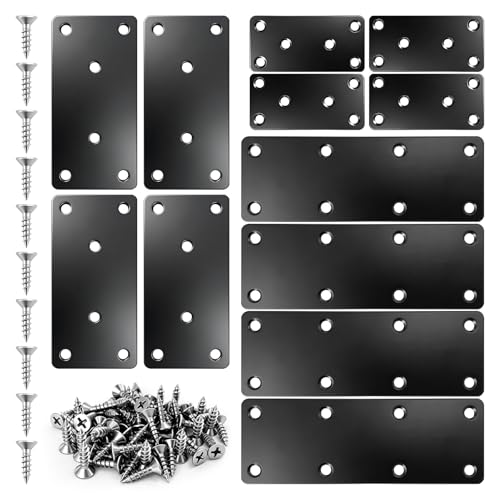 12 PackBlack Mending Plates for Wood Heavy Duty Flat Metal 3 Sizes