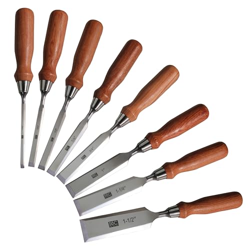 8 Pcs Bevel Edge Wood Chisel Set 1/4'(6mm), 3/8'(10mm), 1/2'(12mm), 5/8'(16mm), 3/4'(20mm), 1'(26mm),1-3/16'(30mm),1-9/16'(40mm) with rosewood Handles, Stainless Steel Ferrules, mirror polishing blade