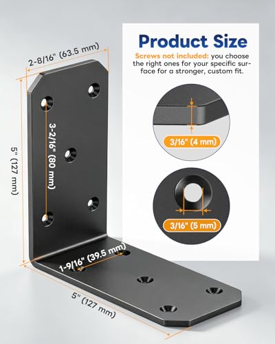 Heavy Duty L Brackets 5"x5"x2.5", 300LB, Black 8 Pack - color: Black-8PCS