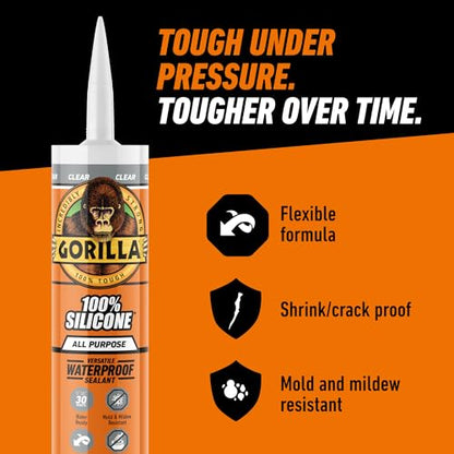 Gorilla 100% Silicone Waterproof Caulk, Clear, 10 oz Cartridge - color: Clear, size: 10oz