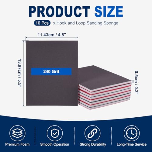 10Pcs 240Grit Sanding Sponges, 5.5x4.5In Hook & Loop Black - size: 240 Grit