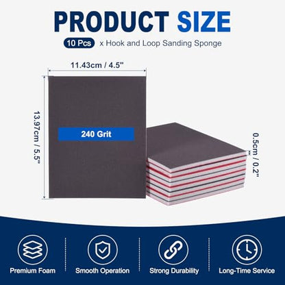 10Pcs 240Grit Sanding Sponges, 5.5x4.5In Hook & Loop Black - size: 240 Grit