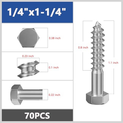 Wensilon Lag Screws Wood Screws,(70PCS, 1/4" x1-1/4, Silver) Hex Head Lag Bolts,(6x30) Heavy Duty Lag Screws,304 Stainless Steel Bolts 18-8 - color: Silver, size: 1/4"x1-1/4"