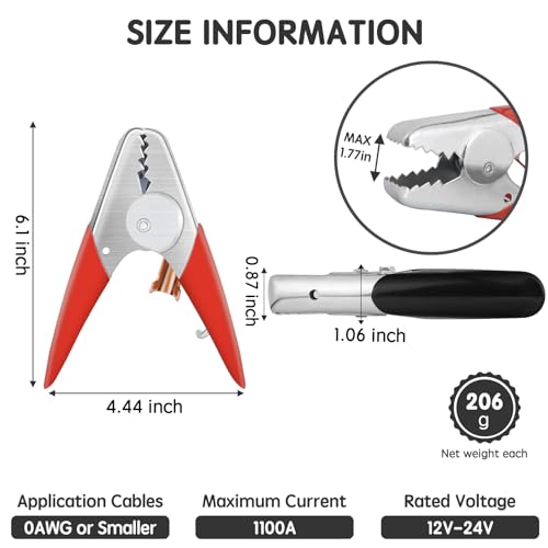 Jumper Cable Clamps Heavy Duty 4 Pcs, Battery Clamps 1100A Jumper Cable Ends 6 Inch Battery Charger Ends Alligator Clips Electrical for Replacement Under 0 AWG Wires 12V/24V by XIOGZAXI - color: 2 Pair