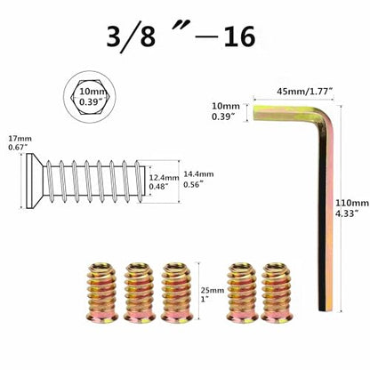 40Pcs 3/8"-16 x 25mm Furniture Screw in Nut Threaded Wood Inserts Bolt Fastener Connector Hex Socket Drive for Wood Furniture Assortment (with Hex Spanner) - size: 3/8"-16 x25mm