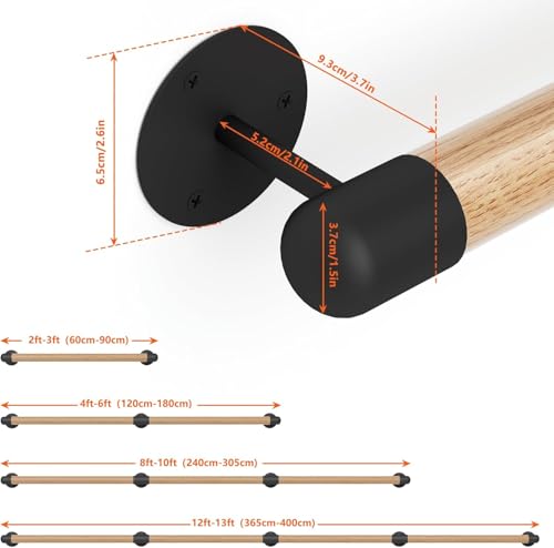 13FT Round Wooden Stair Handrail Wall Mount - size: 13FT