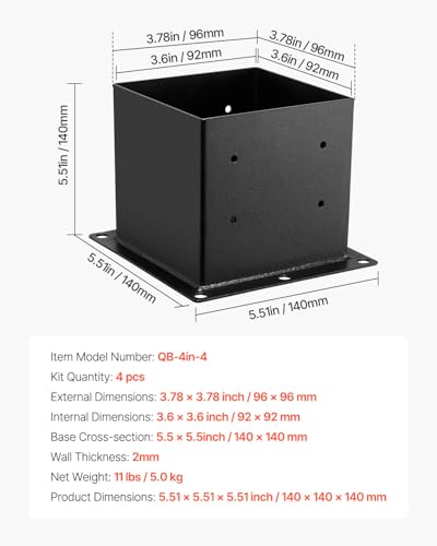 VEVOR 4x4 Post Base 4 Pcs, Inner Size 3.6x3.6 inch / 92x92 mm Post Brackets, Heavy Duty Carbon Steel Decking Posts, Wood Posts Brackets for Pavilion Deck Railing Support Deck Base Plate, Black - size: Full Cover 4x4 4pc