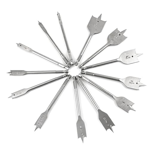13-Piece Spade Drill Bit Sets, Alloy Steel Paddle Flat Bit with Shank, Flat Wood Hole Cutter Fit for Woodworking, Assorted Bits with Nylon Storage Pouch, 1/4" to 1-1/2"