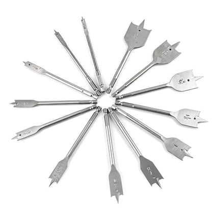13-Piece Spade Drill Bit Sets, Alloy Steel Paddle Flat Bit with Shank, Flat Wood Hole Cutter Fit for Woodworking, Assorted Bits with Nylon Storage Pouch, 1/4" to 1-1/2"