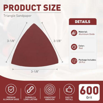 20Pcs Triangle Sandpaper 3-1/8" 600Grit Red - size: 3 1/8inch, 600 Grit