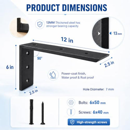 WINKER Countertop Support Bracket 4 Pack Heavy Duty 1/2" Thick Hidden L Shelf Bracket 12" x 6" x 2.5" Metal Corbels for Quartz/Granite/Wood/Concrete/Laminate Countertops, Black - size: 12″x6″x2.5″-1/2" thick, style: Black-4Pack