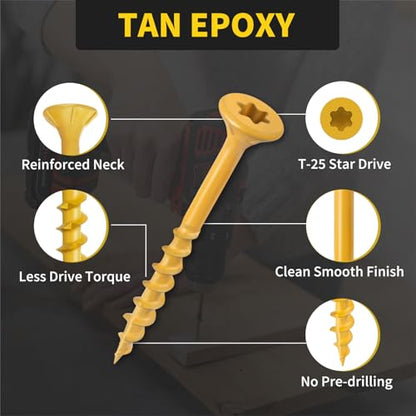 Deck Screws #8 x 1-1/2", 150pcs and #10 x 2-1/2",105pcs Epoxy Coated, T25 Star Bit Above 1500 Hour Salt Spray Coating Outdoor Decking Screws Excellent Rust Resistant for Outdoor Wood Fence