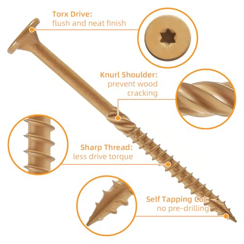 #14 x 4 Lag Screws (200Pcs), Structural Wood Screw, Heavy Duty Exterior Coated Star Drive Lag Screws for Wood, Deck Screws with T30 Star Bit, Washer Head (Yellow) - size: #14 x 4"