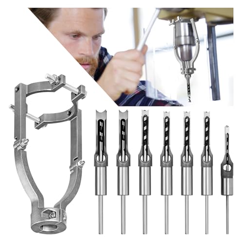 Woodworking Square Hole Drill Bits with Adapter, 1/4, 5/16, 3/8, 2/5, 1/2, 9/16, 5/8 Wood Mortising Chisel Set Wood Square Hole Mortising Chisel Drill Bit for Mortising Machines