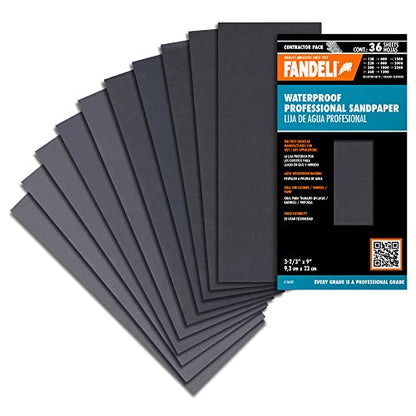 Fandeli | Waterproof Sandpaper | Assortment of Grits from 120 to 2500 | 36 Sheets 23 x 9,3 cm | for Car Polishing, Wood Furniture Sanding and Metal Sanding | Water Resistant - style: Assortment of Grits from 120 to 2500 | 36 Sheets
