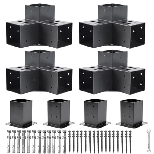 4 Pcs 4"x4" Pergola Brackets(Actual:3.6"x3.6") with 4 Pcs Post Base - size: 3-Way 4x4 Inch with Base - 4 Pcs