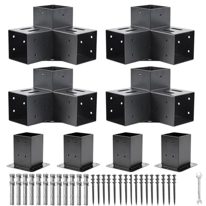 4 Pcs 4"x4" Pergola Brackets(Actual:3.6"x3.6") with 4 Pcs Post Base - size: 3-Way 4x4 Inch with Base - 4 Pcs