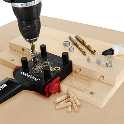 Milescraft 1333 DowelJig Kit - Self-Centering Handheld Dowel Jig with 3 Metal Bushing Sizes (1/4in, 5/16in, 3/8in) - Complete with all Accessories