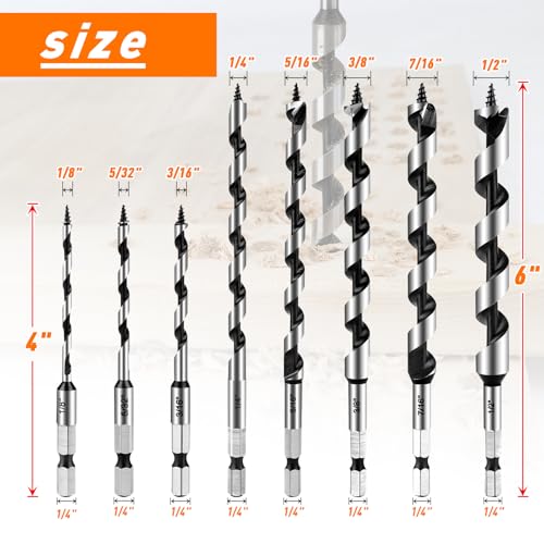 8Pcs 1/8"-1/2" Inch Auger Drill Bit Set for Wood with 1/4" Hex Shank