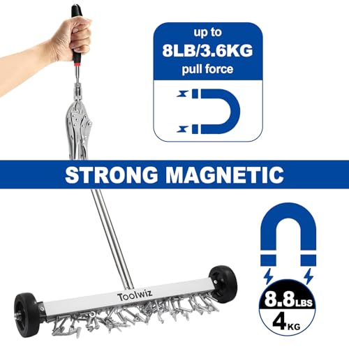 Toolwiz 17" Rolling Magnetic Sweeper with LED Telescopic Pick Up Tool - size: 17 inches + 8 LB Pick Up Tool with Light
