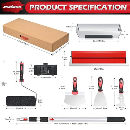 suokoun Drywall Skimming Tool Set, 24 Inch Drywall Skimming Blade, Mud Pan, 9 Inch Compound Roller, Extension Handle and Three Mud Knife for Plasterboard Skim Coating and WallBoard - size: 24+14+9+7+4+3inch
