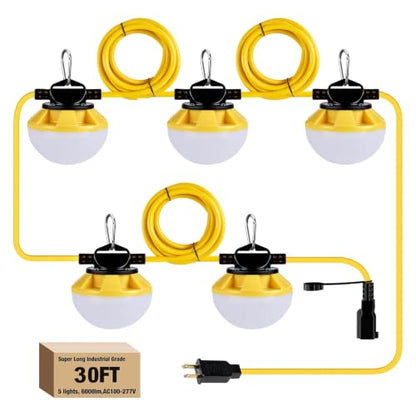 LED Construction String Light 30FT, 50W 6000Lm,18AWG Wire,5000K Linkable String Work Lights with 5 Bulbs & Hooks, Industrial Temporary Lighting for Construction Site, Crawl Space,Job Site,Attic - size: 30FT-2prong