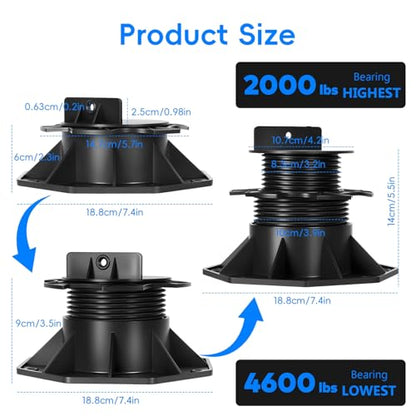 20Pack Adjustable Deck Support Base – Heavy Duty 4600LBS Load Capacity PP Pedestal System, Easy Leveling Joist Support for Patio, Walkway, Shed, Outdoor Wood & Composite Flooring Black