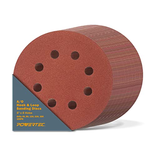 POWERTEC 100PK, 40/80/120/220/320 Grits, 5 Inch 8 Hole Hook and Loop Sanding Discs, Aluminum Oxide Sandpaper Discs, Woodworking Sanding Pads for Random Orbital, Palm, Air & Pneumatic Sander (45000V) - style: 40-320 Mixed Grit, 100PK