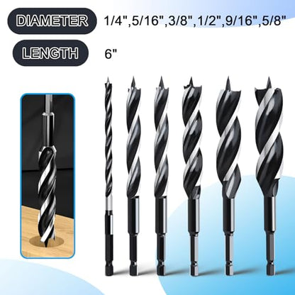 6PCS Auger Drill Bit Hex Shank 6" Long (1/4",5/16",3/8",1/2",9/16",5/8") - size: 6 inches