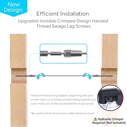 10 Pair Deck Cable Railing Kit for Wire System, 1/8" T316 Stainless Steel Cable Railing Hardware System, Invisible Crimp Fitting for Wood Post with Right&Left Handed Thread Swage Lag Screws - color: Silver