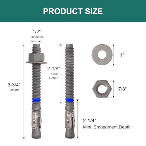 1/2" x 3-3/4" Concrete Anchors (50 Pack) Wedge Anchors Bolts, Hot Dip Galvanized - size: 1/2"x3-3/4" (50 PCS)