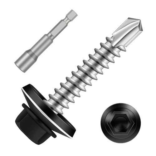 #10 x 1-1/2" Zinc Plated Steel Self Drilling Roofing Screws, Hex Head Self Tapping Screws with EPDM Washer, Black Head, 100 PCS - color: Black, size: #10 x 1-1/2"