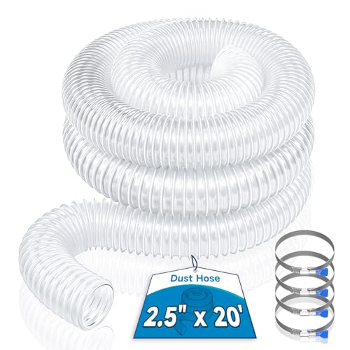Hon&Guan 2 1/2" x 20' Dust Collection Hose, 2.5 Inch Flexible Clear PVC Dust Collector Hose with Carbon Steel Wire Woodworking Dust Collecting System, Includes 4 Hose Clamps - size: 2 1/2" x 20'