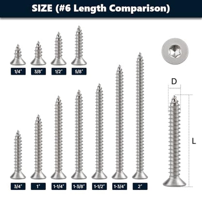 100 Pcs #6 x 5/8 Torx Flat Head Sheet Metal Screws with Bit, 304 Stainless Steel 18-8, 6-Lobe Star Drive Self Tapping Screws for Cabinetry & Switch Plates - size: #6 x 5/8"