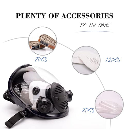 17in 1 Reusable Full Face Respirator Widely Used in Paint Sprayer, Chemical,Woodworking,Dust Protector