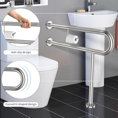 ZUEXT 31.5x28 Inch Brushed Nickel Knurled Toilet Grab Bar with Paper Holder - color: Brushed Nickel, size: 31.5 Inch