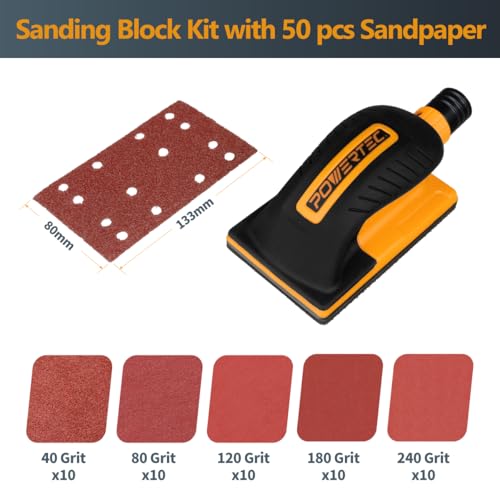 POWERTEC Vacuum Sanding Block Set w/ 1" OD Dust Extraction, Dust-Free Hook and Loop Sandpaper (40, 80, 120, 180, 240 Grit, 10 Each) for Woodworking, Sanding Tool for Auto Body, Paint, Drywall (71514V)