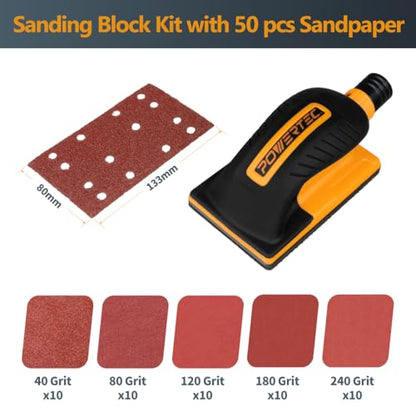 POWERTEC Vacuum Sanding Block Set w/ 1" OD Dust Extraction, Dust-Free Hook and Loop Sandpaper (40, 80, 120, 180, 240 Grit, 10 Each) for Woodworking, Sanding Tool for Auto Body, Paint, Drywall (71514V)