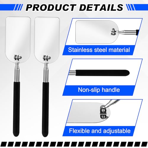 Chunful 2 Pcs Flame Inspection Mirror Telescoping 2 x 3.75 Inch Stainless Steel Pivoting Rectangular Telescopic Welding Mirror with Grip Handle for Maintenance Inspection